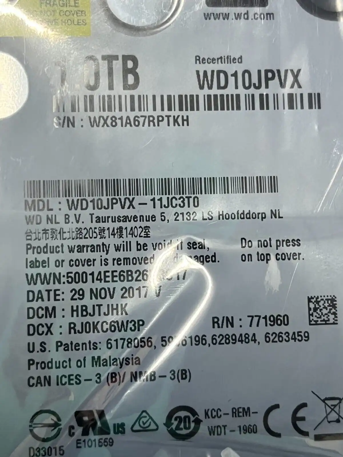 1TB Western Digital   WD10JPVX  SATA 6Gb/s 9.5mm 5400rpm 2.5" Hard Drive