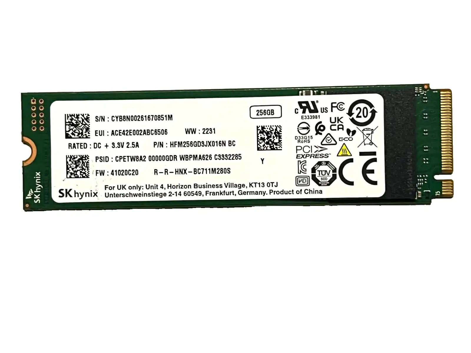 256GB  SK Hynix  HFM256GD3JX016N  PCIe Gen 3 NVME m.2 2280 SSD Drive