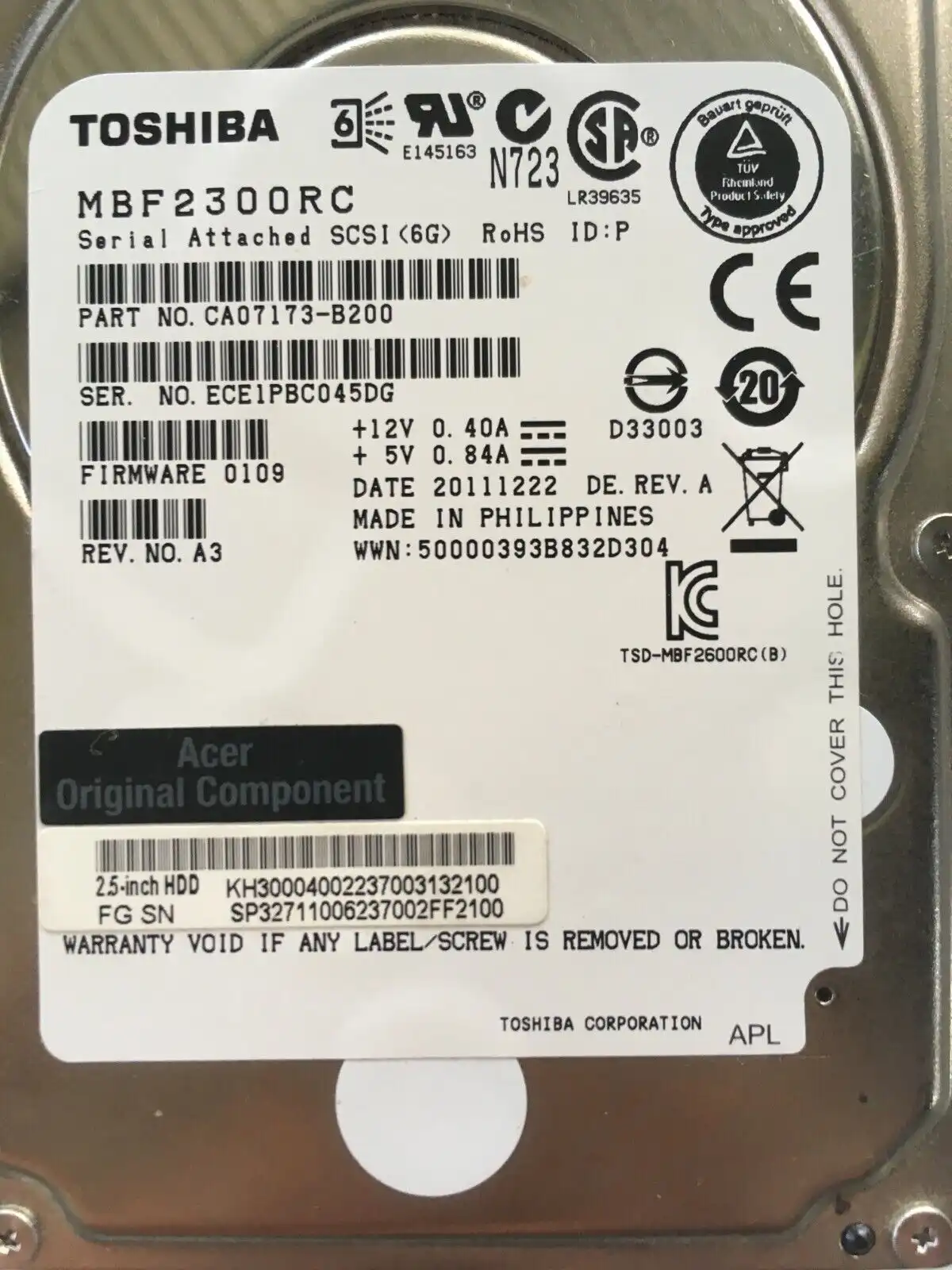 300GB Toshiba MBF2300RC 10000 RPM 2.5" 6Gb/s 16Mb SAS hard drive