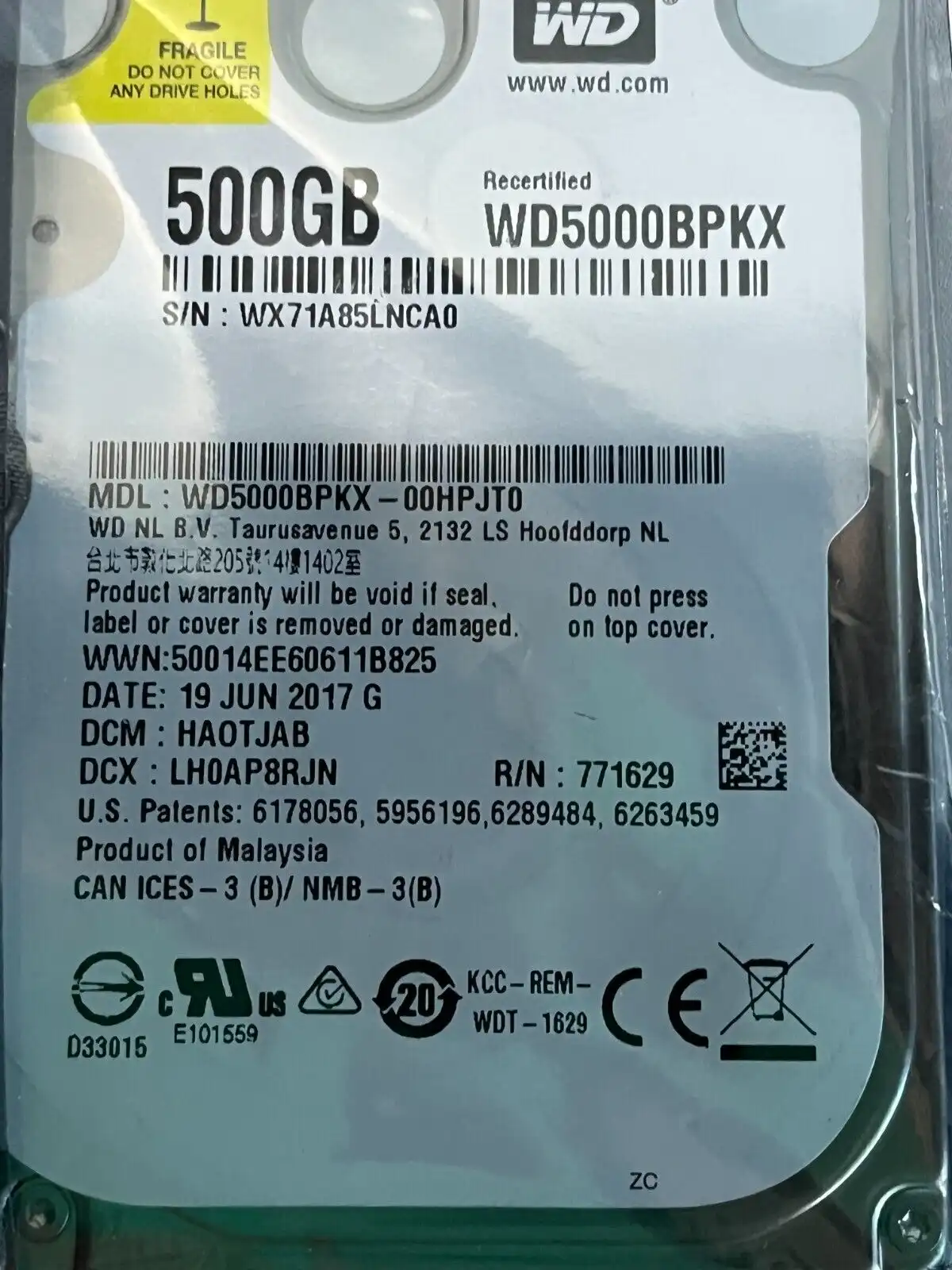 500Gb Western Digital   WD5000BPKX  SATA 6Gb/s 9.5mm 7200rpm 2.5" Hard Drive