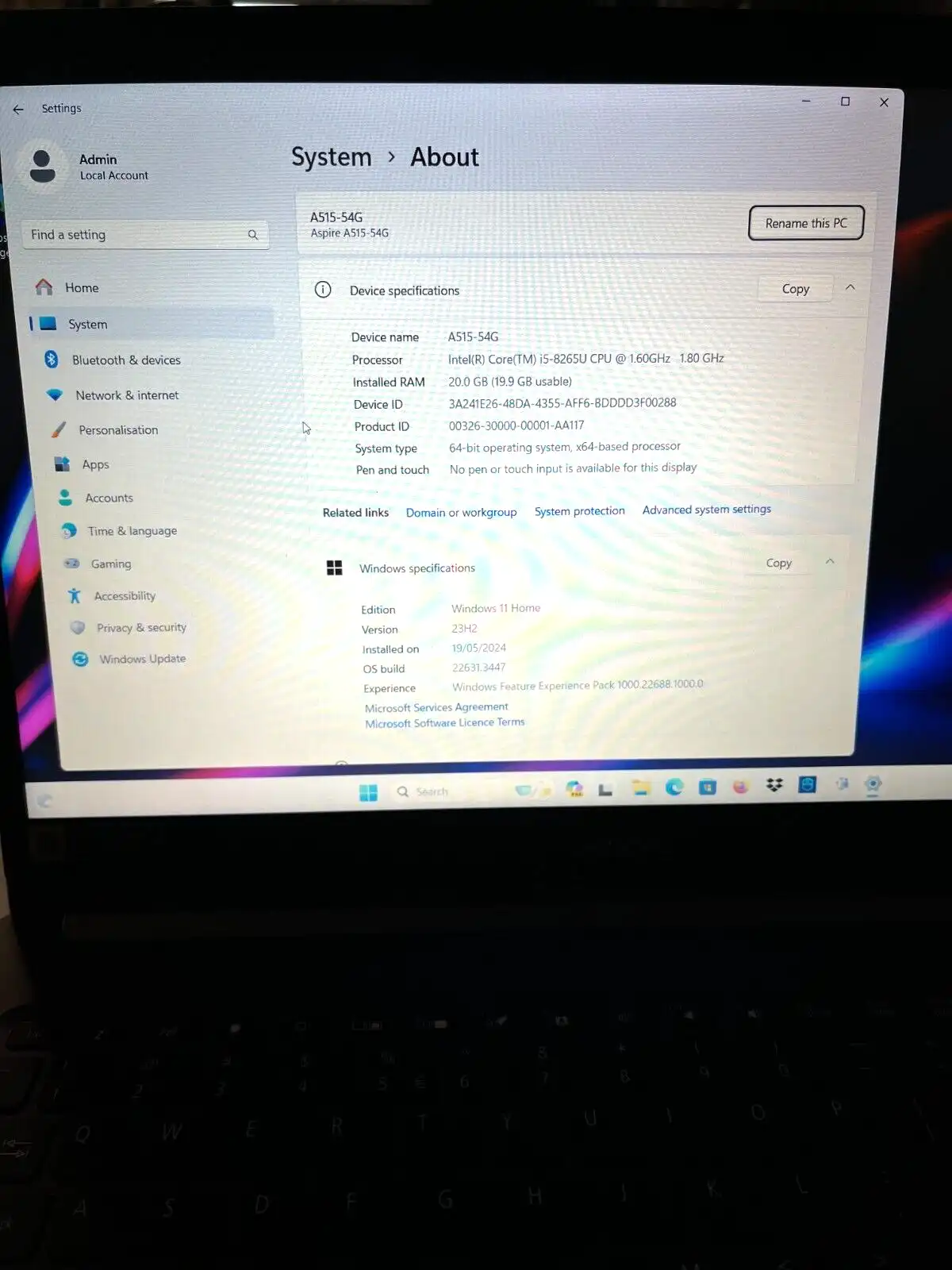 Acer Aspire A515-54G Intel i5-8265u 20Gb RAM 512GB SSD  15.6" FHD  Win11