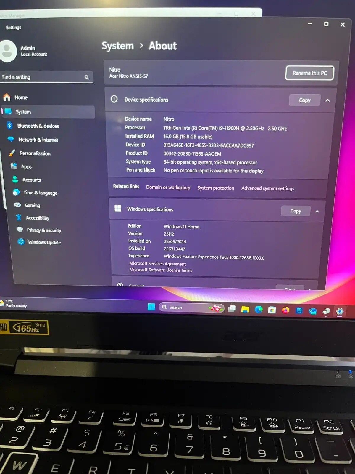 Acer Nitro 5  AN515-57 Intel i9-11900h 16Gb RAM 512GB SSD 8Gb RTX3070 15.6" QHD