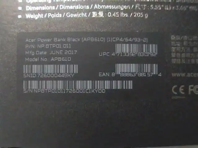 Acer Power Bank Black APB610 4500mAh portable battery storage charger