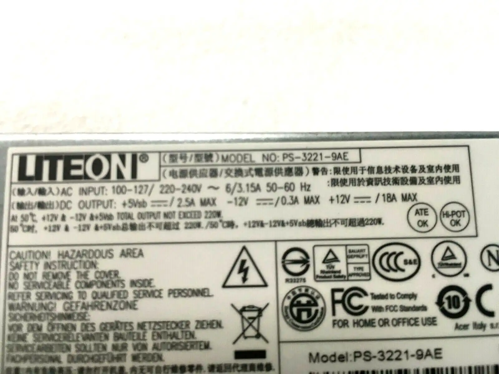 Acer Veriton X4630 X4640 X4650 Computer PSU Lite-On PS-3221-9AE  DC.2201B.002