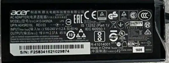 Genuine Acer  AC Adaptor 45W 19V 2.37A  A13-045N2A   1mm/3mm tip   KP.0450H.001