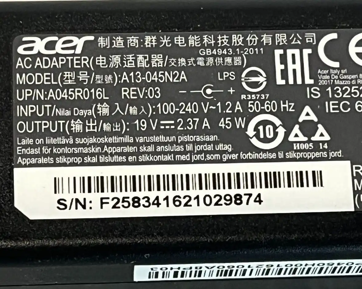 Genuine Acer  AC Adaptor 45W 19V 2.37A  A13-045N2A   1mm/3mm tip   KP.0450H.001