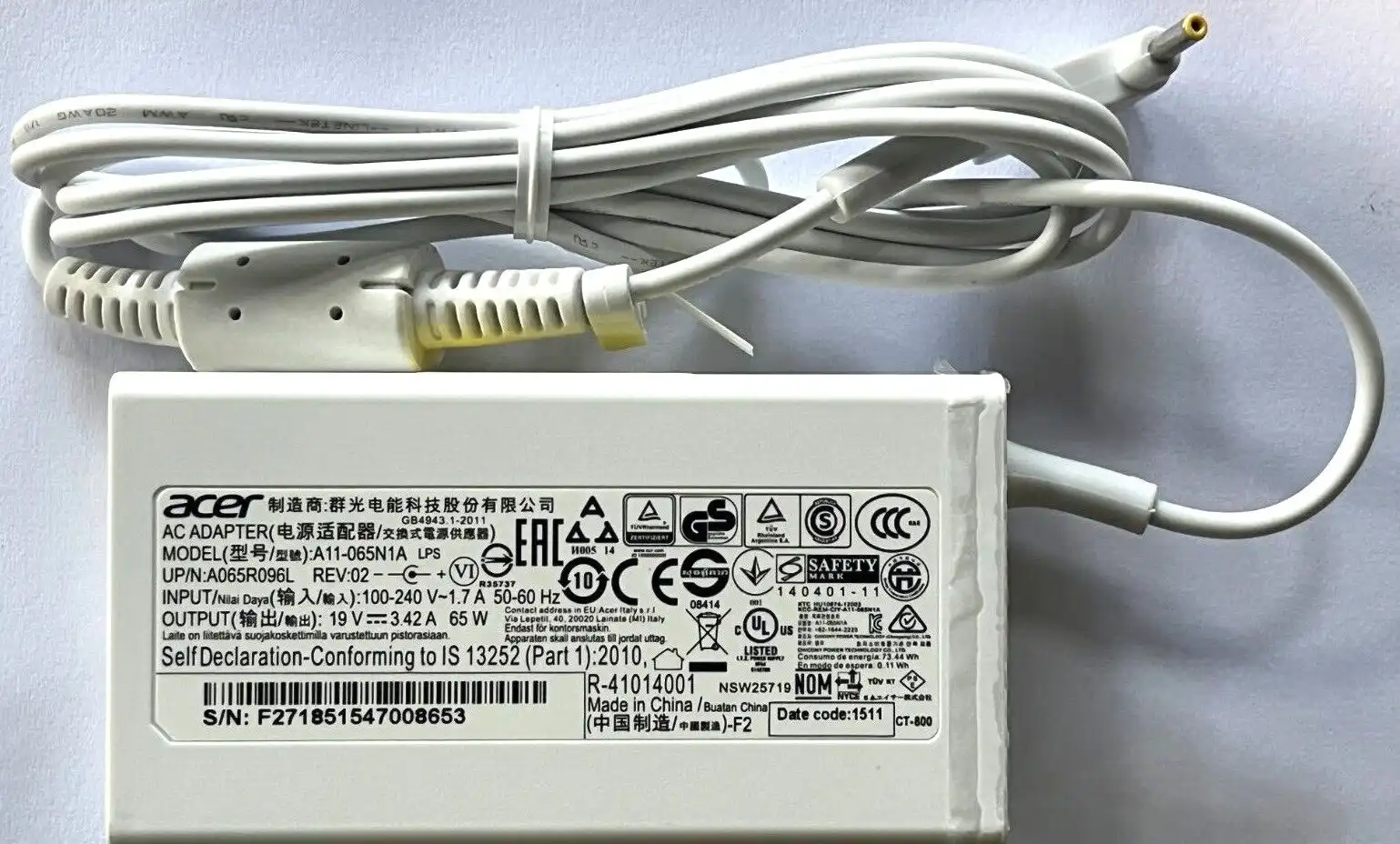 Genuine Acer  AC Adaptor 65W 19V 3.42A  A11-065N1A KP.0650H.007  1mm/3mm tip