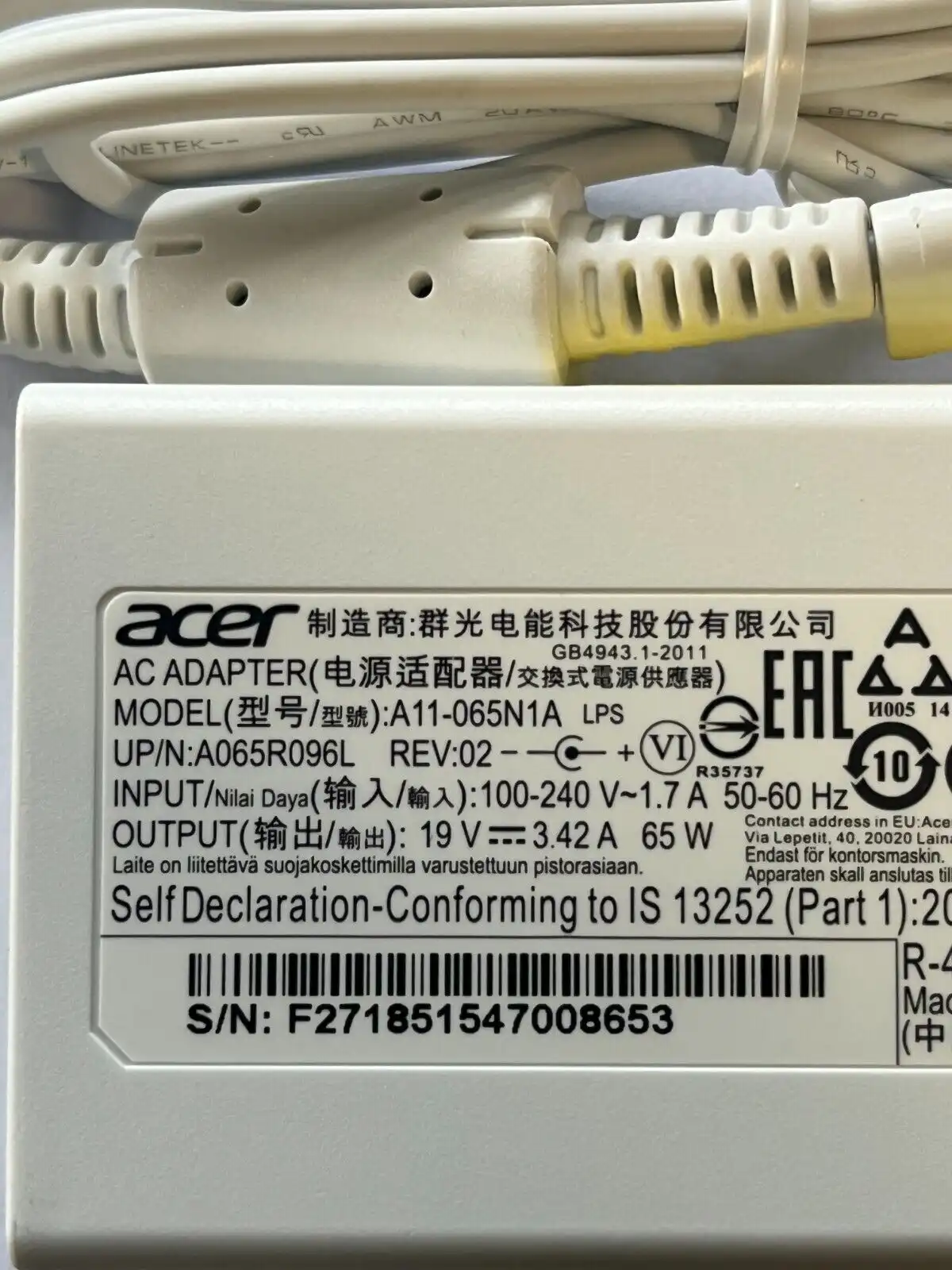 Genuine Acer  AC Adaptor 65W 19V 3.42A  A11-065N1A KP.0650H.007  1mm/3mm tip