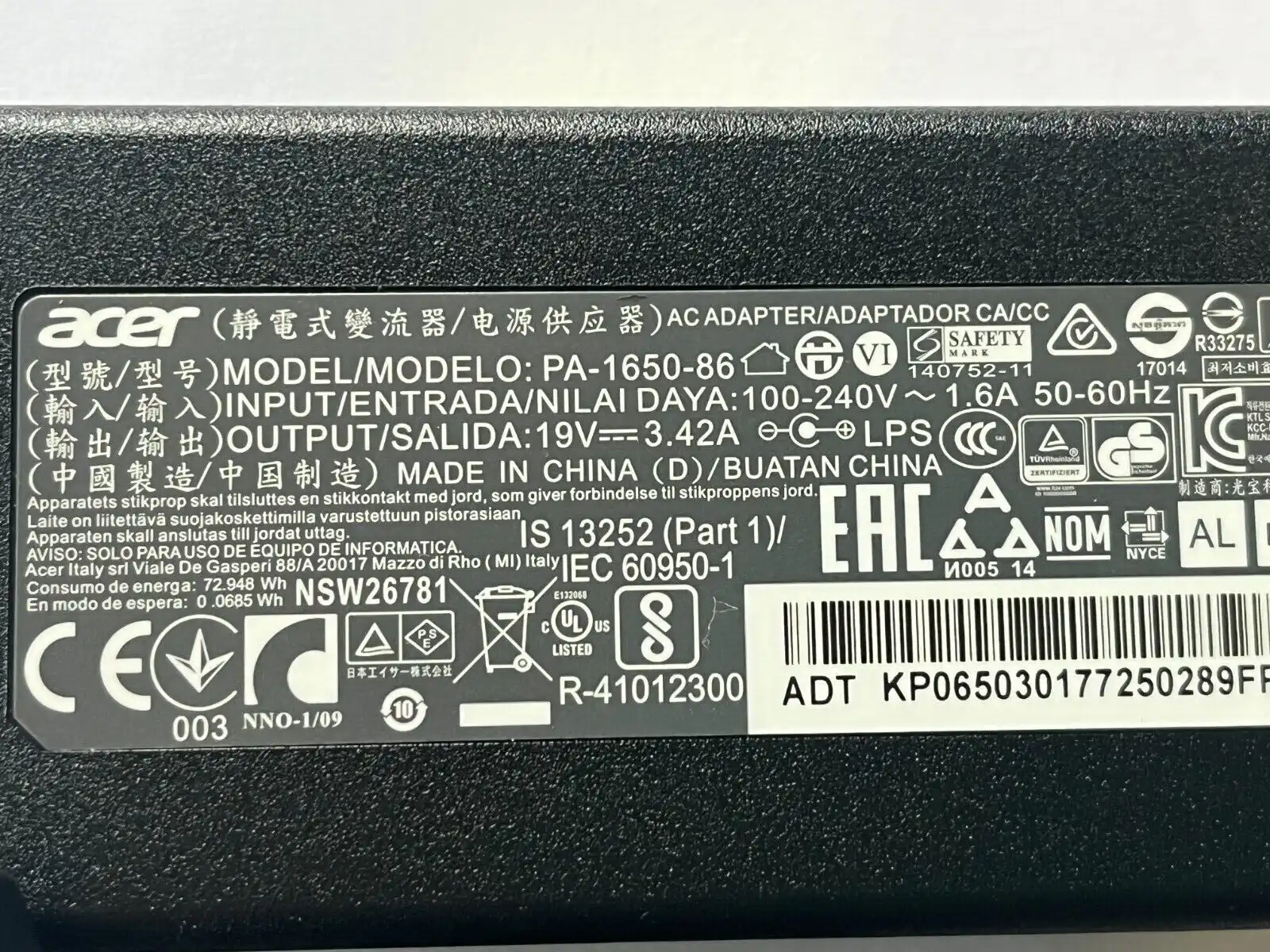 Genuine Acer  AC Adaptor 65W 19V 3.42A  PA-1650-86   KP.06503.017  1.7/5.5mm tip