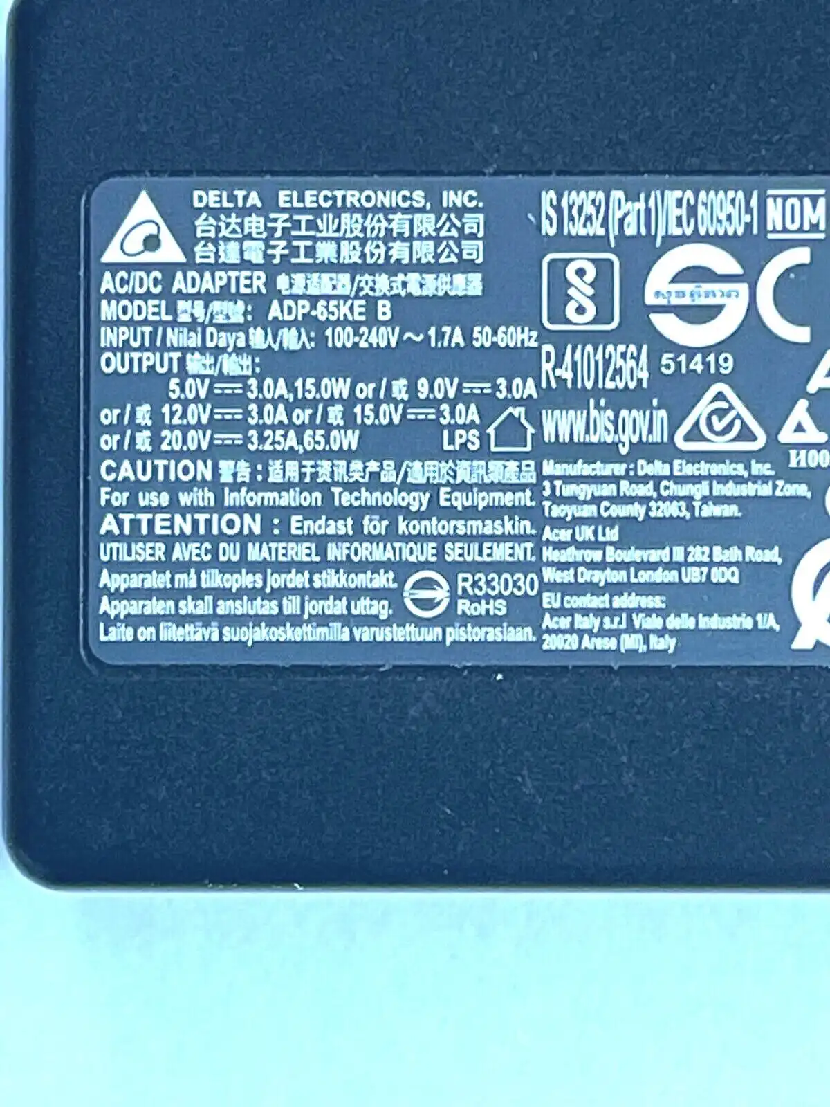 Genuine Acer  AC Adaptor 65W USB-C  Delta Electronics  ADP-65KE B  KP.06501.017