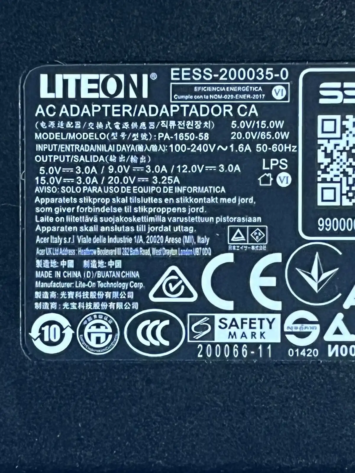 Genuine Acer  AC Adaptor 65W USB-C   Lite-On  PA-1650-58     KP.06503.020
