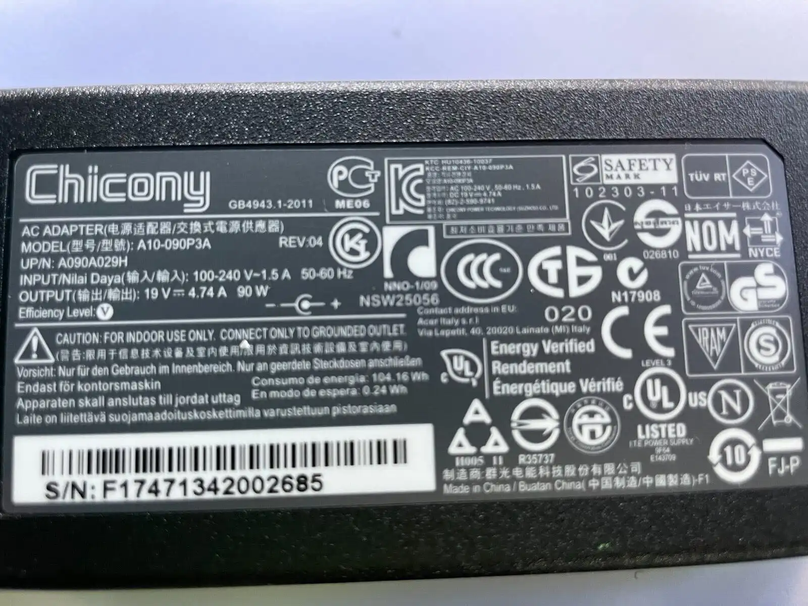 Genuine Acer AC Adaptor 90W 19V 4.74A  Chicony  A10-090P3A  1.7mm/5.5mm tip