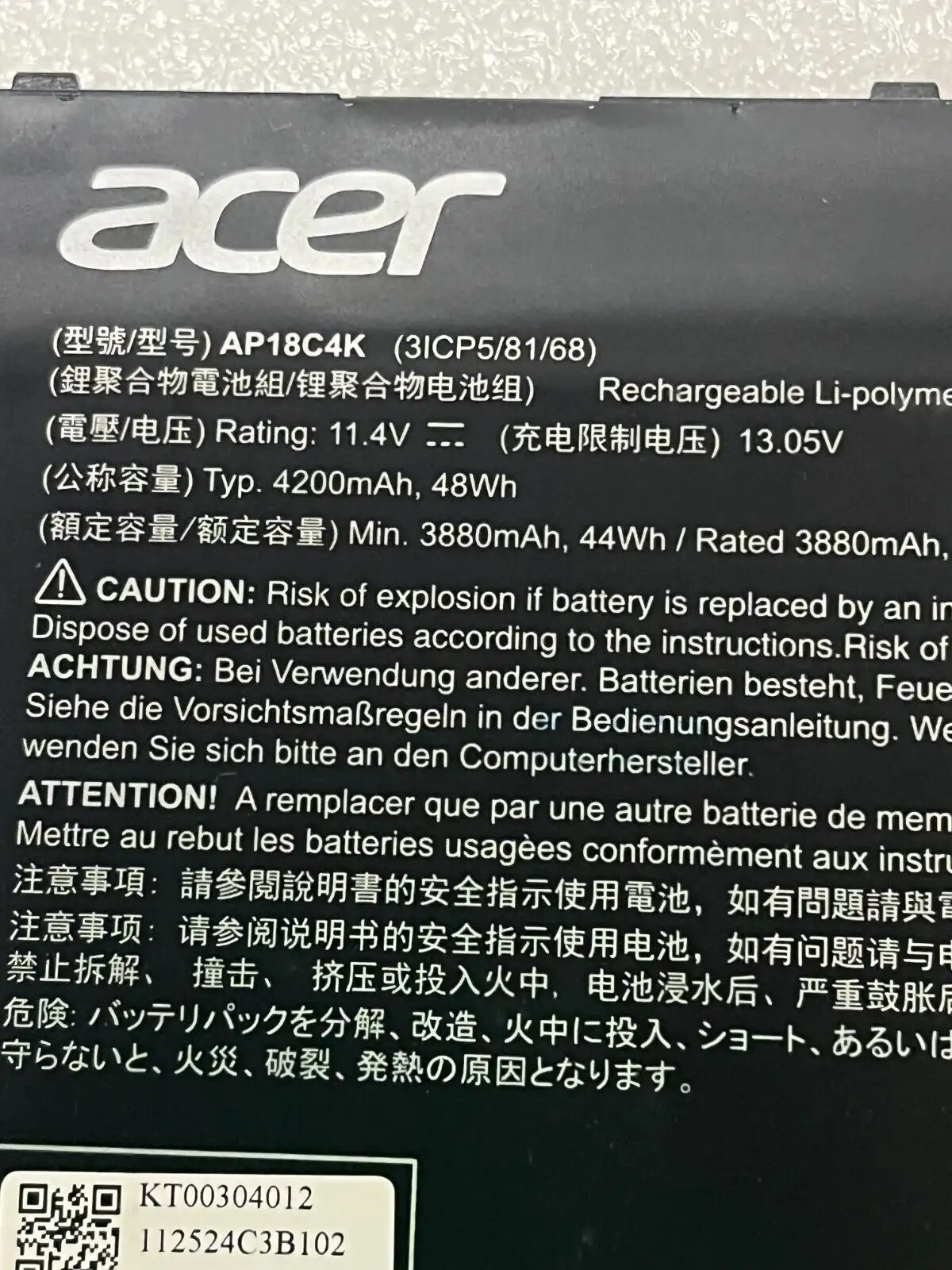 Genuine Acer battery AP18C4K  (3ICP5/81/68)  KT.00304.012 for Acer Spin SP314-54