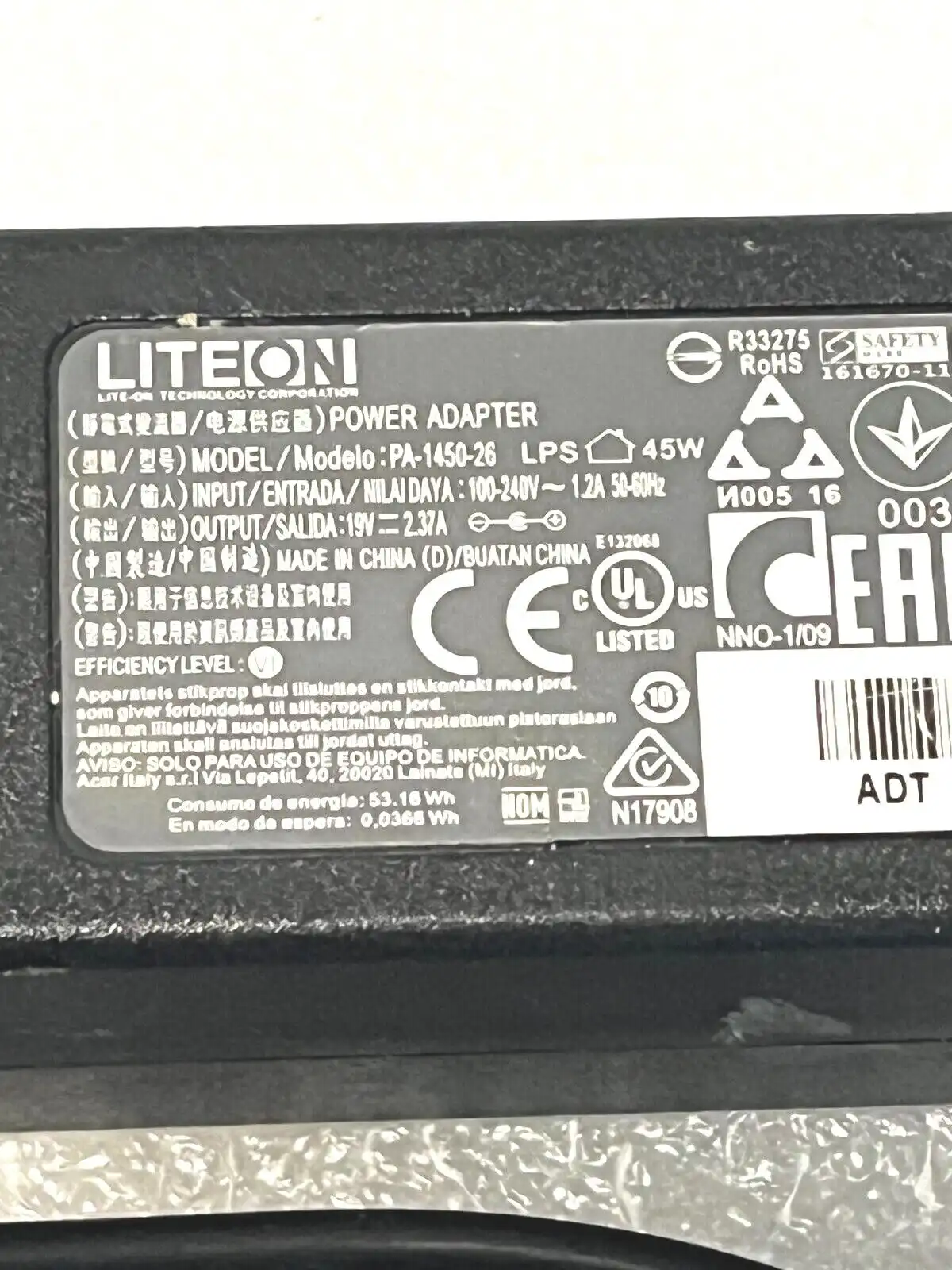 Genuine Acer  Lite-On AC Adaptor 45W 19V 2.37A  PA-1450-26     1.7/5.5mm tip