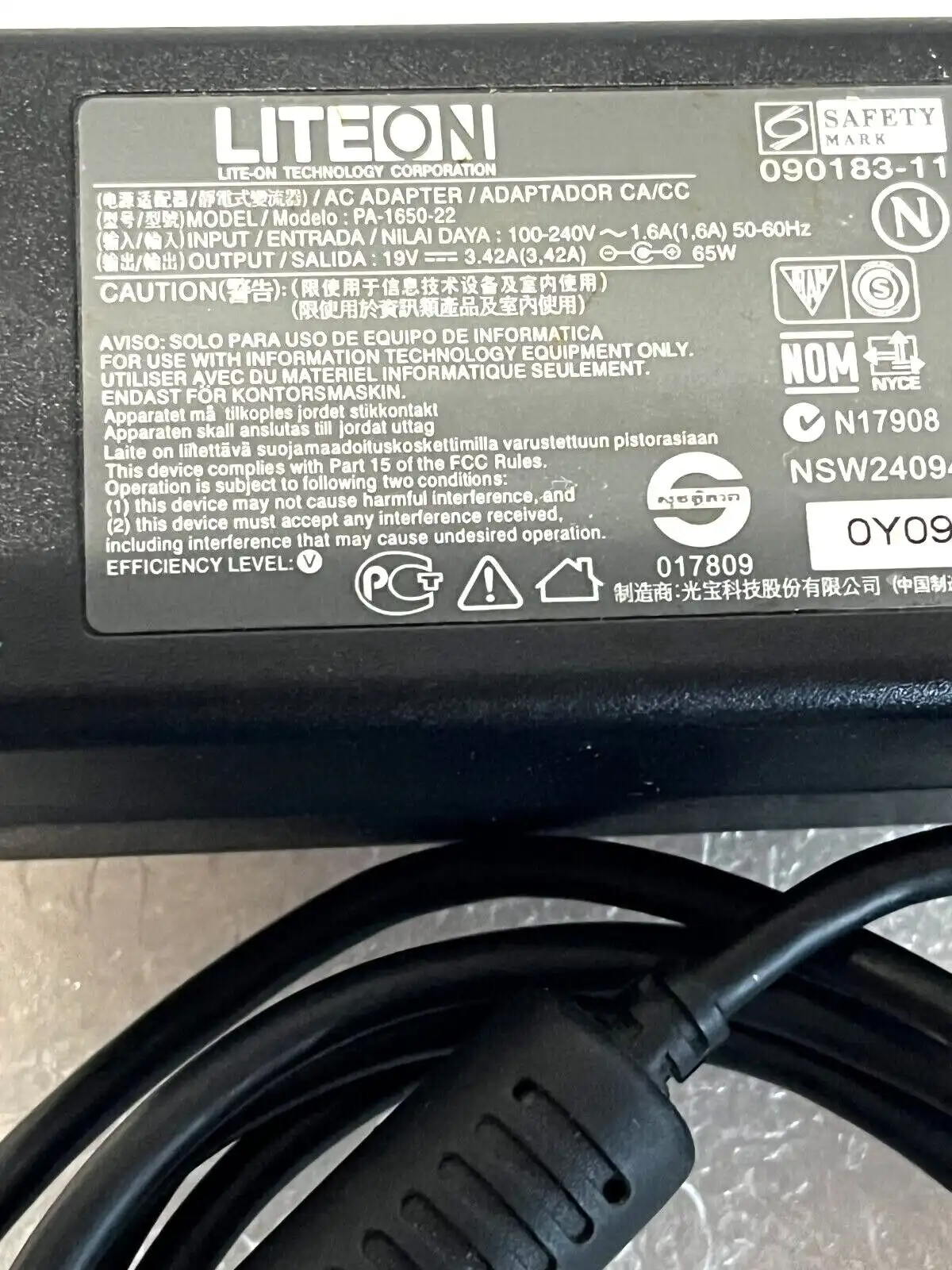 Genuine Acer  Lite-On AC Adaptor 65W 19V 3.42A  PA-1650-22     1.7/5.5mm tip
